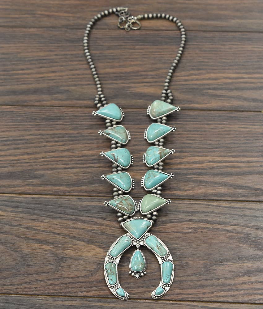 733168, Handmade 30" Squash Blossom Turquoise Necklace