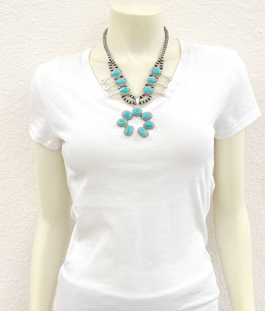 739372, Handmade Squash Blossom Turquoise Necklace