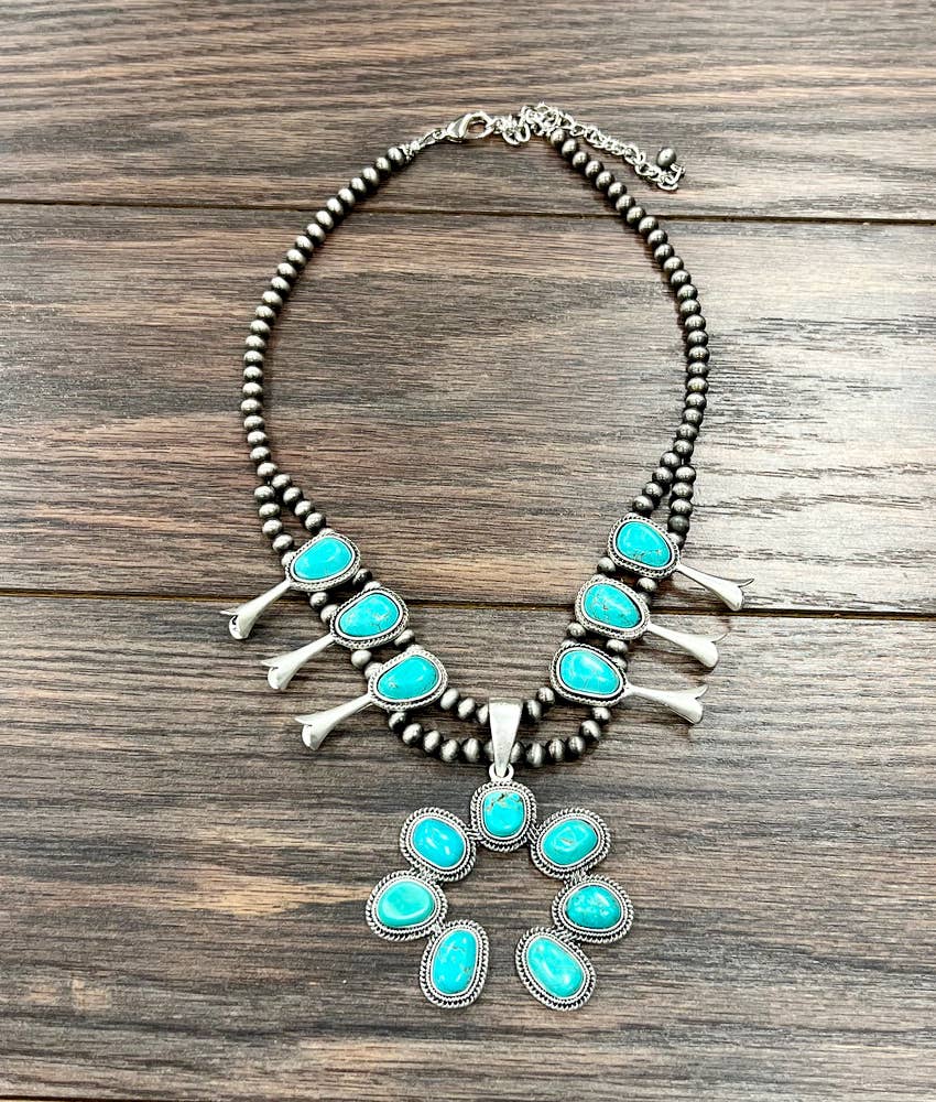 739372, Handmade Squash Blossom Turquoise Necklace