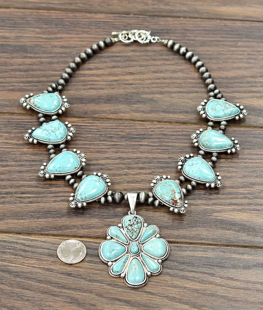 733509, Handmade Squash Blossom Turquoise Necklace