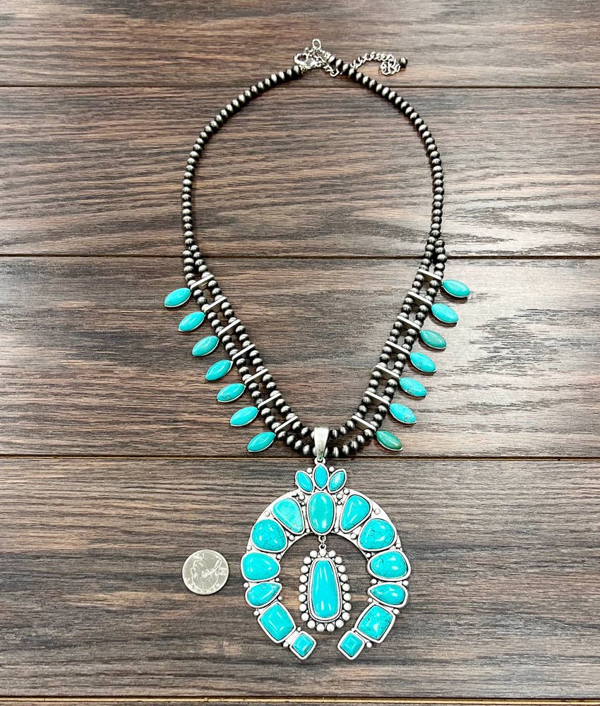 739299, Handmade 26" Squash Blossom Turquoise Necklace