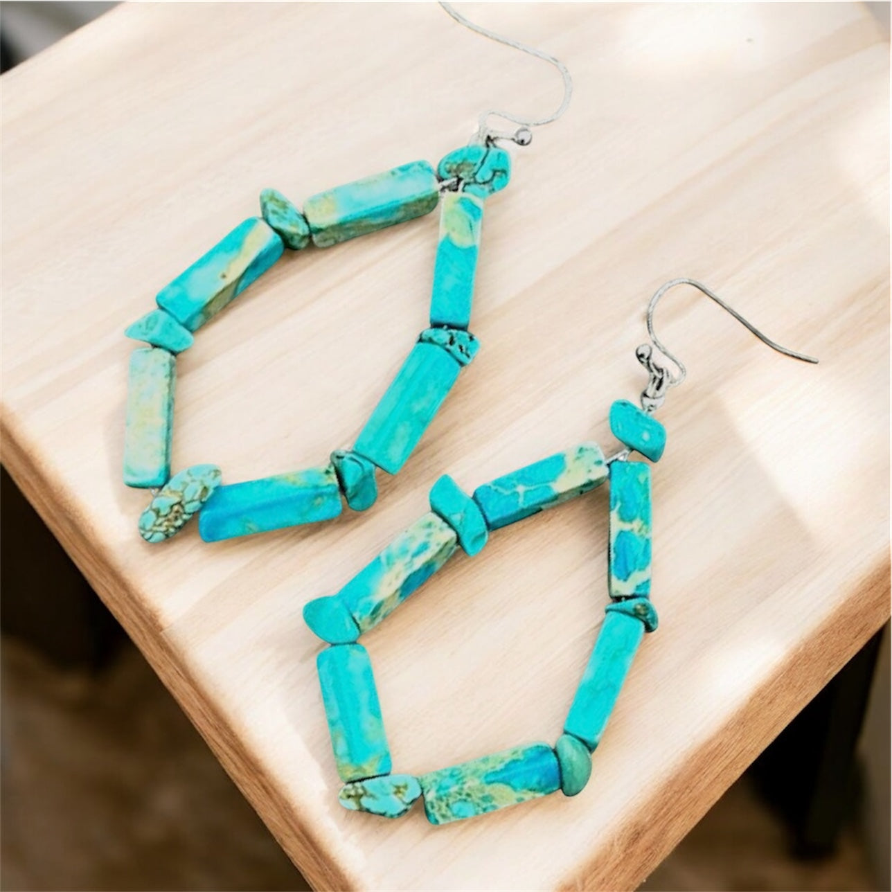 2" Long Handmade Rectangular Gemstone & Turquoise Chip Stone Earrings726503