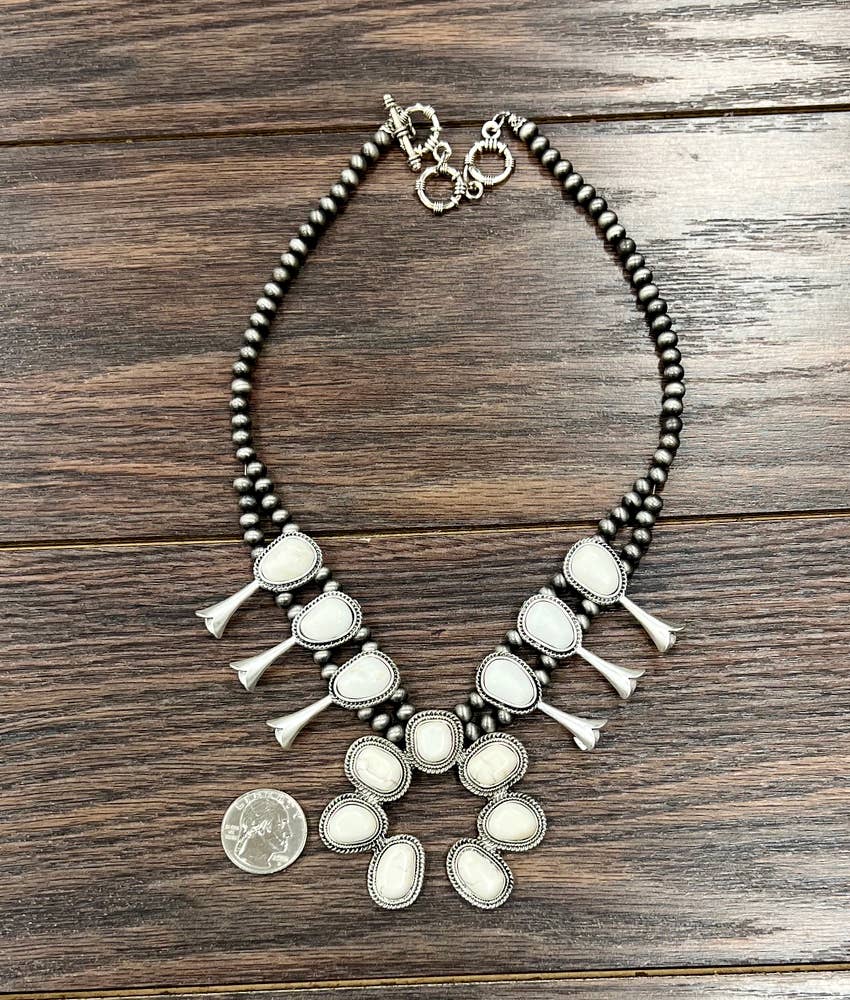 738282, Handmade Squash Blossom White Turquoise Necklace