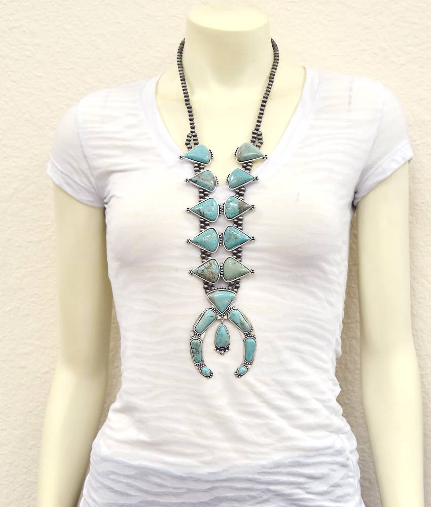 733168, Handmade 30" Squash Blossom Turquoise Necklace