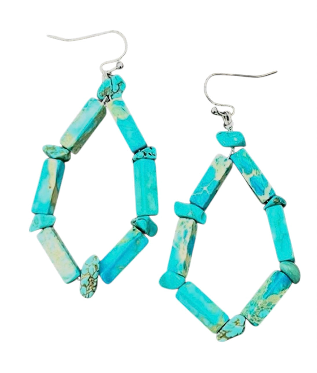 2" Long Handmade Rectangular Gemstone & Turquoise Chip Stone Earrings726503