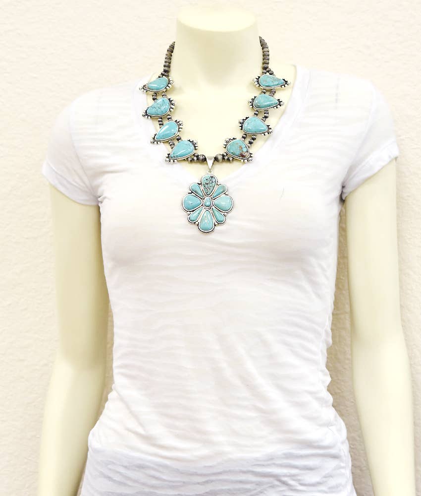 733509, Handmade Squash Blossom Turquoise Necklace