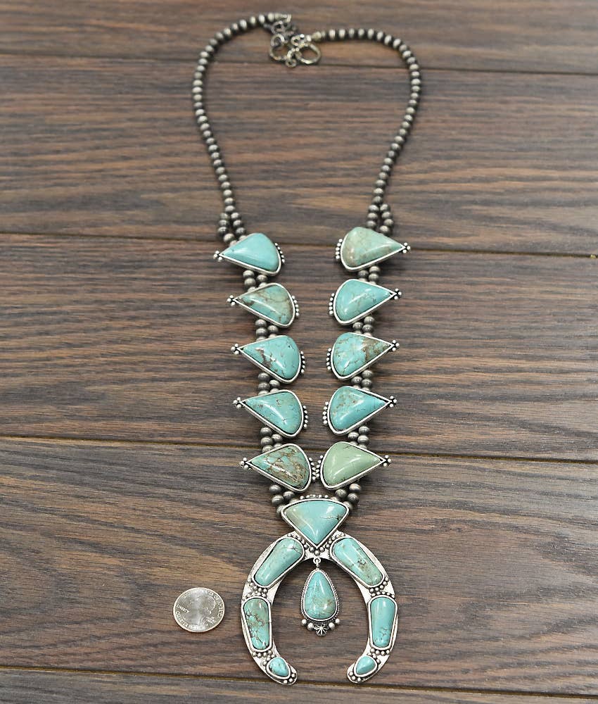 733168, Handmade 30" Squash Blossom Turquoise Necklace