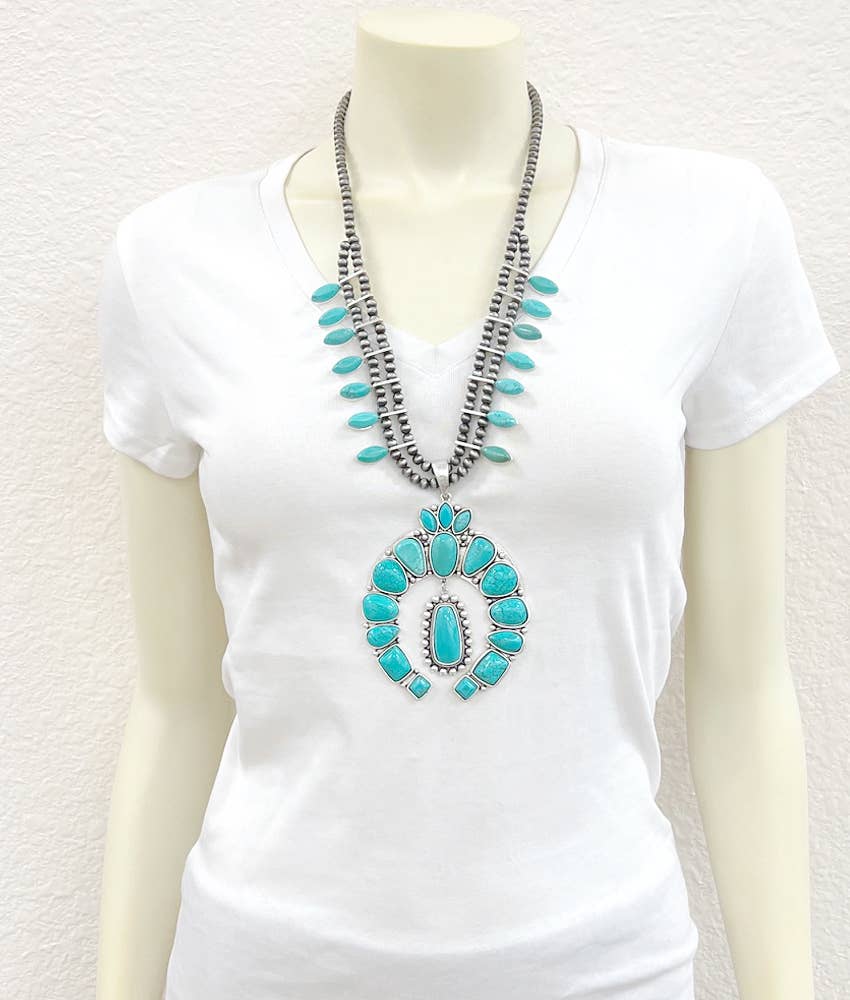 739299, Handmade 26" Squash Blossom Turquoise Necklace