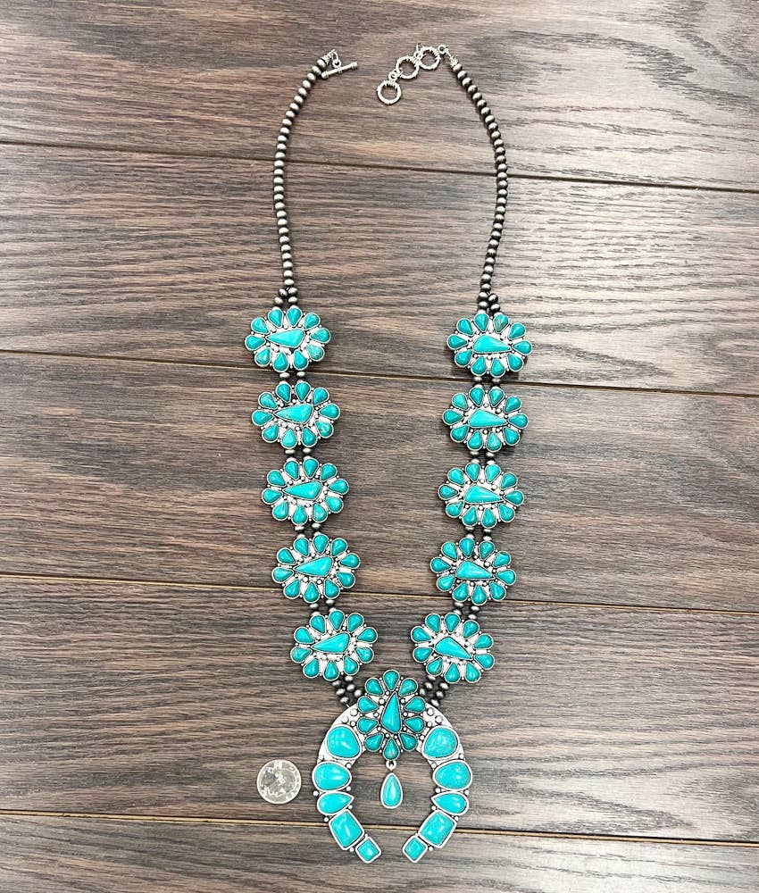 737406, Handmade Squash Blossom Turquoise Necklace