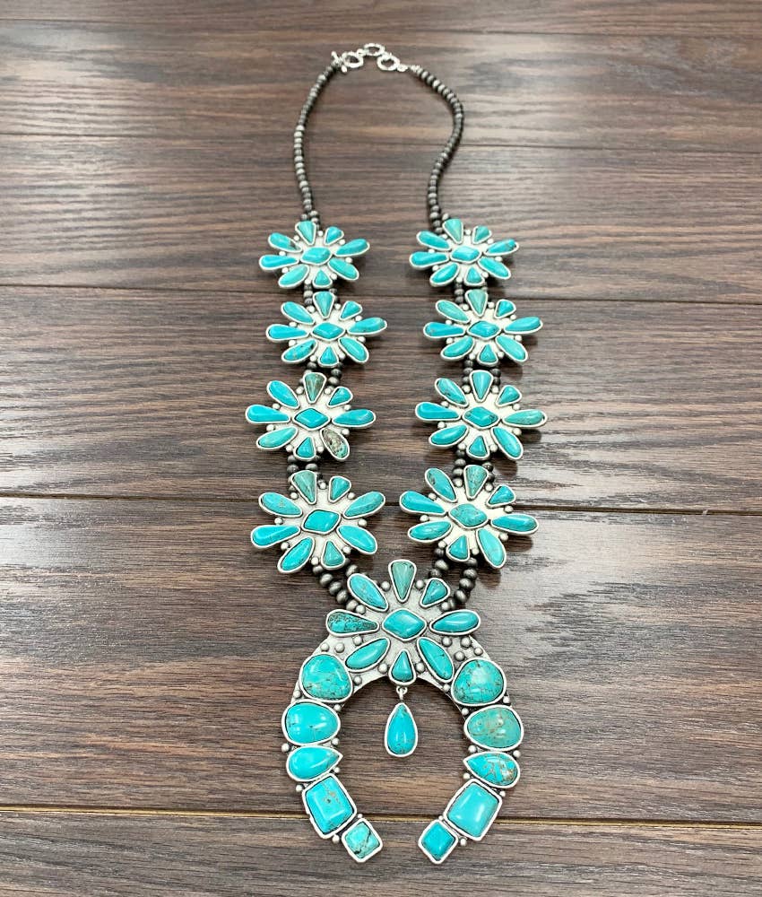734829, Handmade Squash Blossom Turquoise Necklace