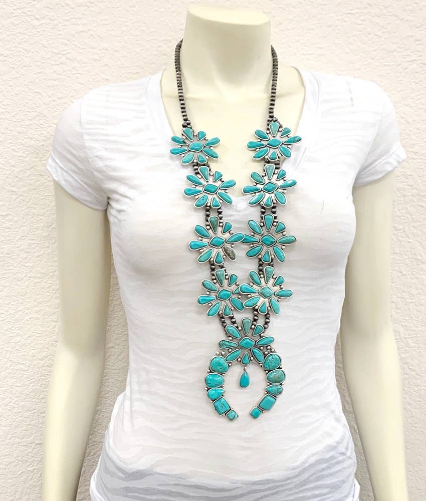 734829, Handmade Squash Blossom Turquoise Necklace