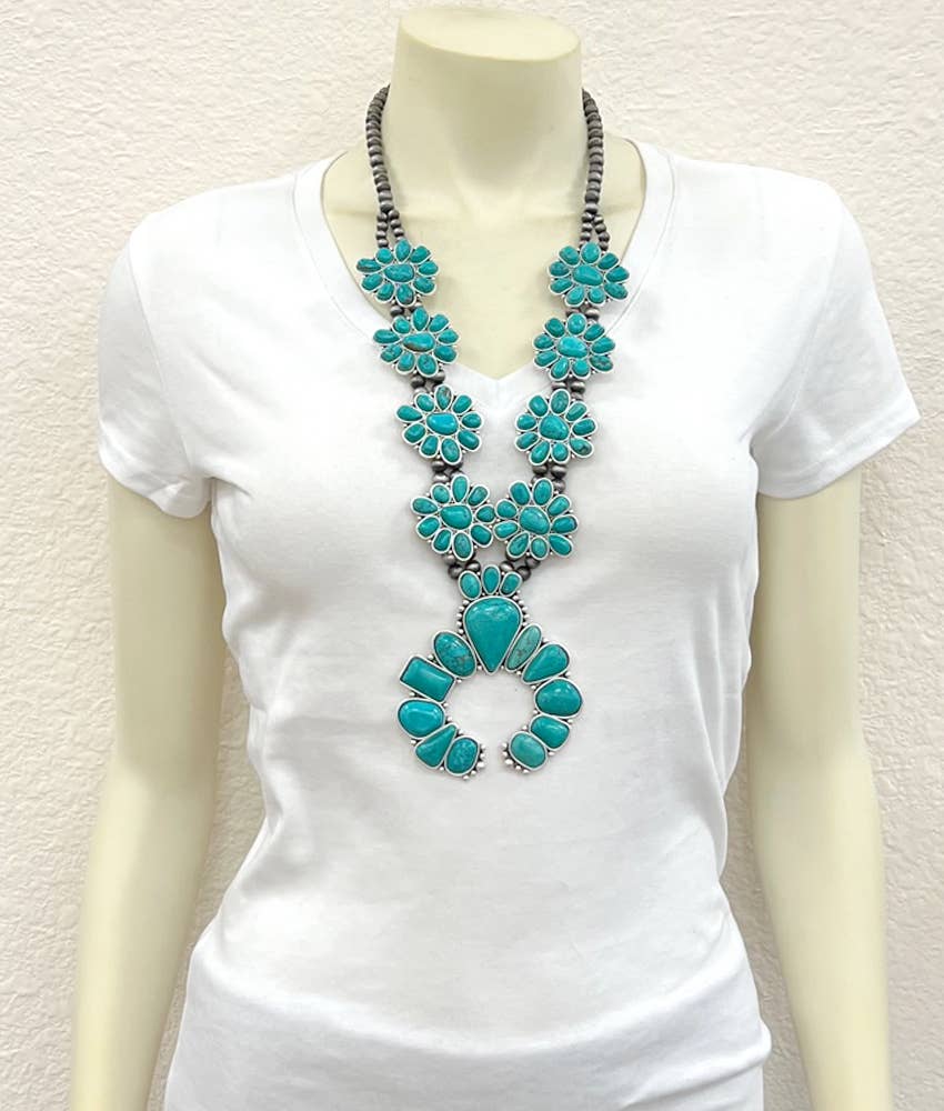 736608, Handmade Squash Blossom Turquoise Necklace