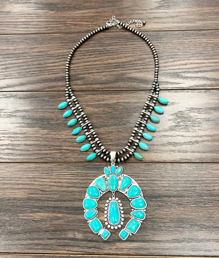 739299, Handmade 26" Squash Blossom Turquoise Necklace