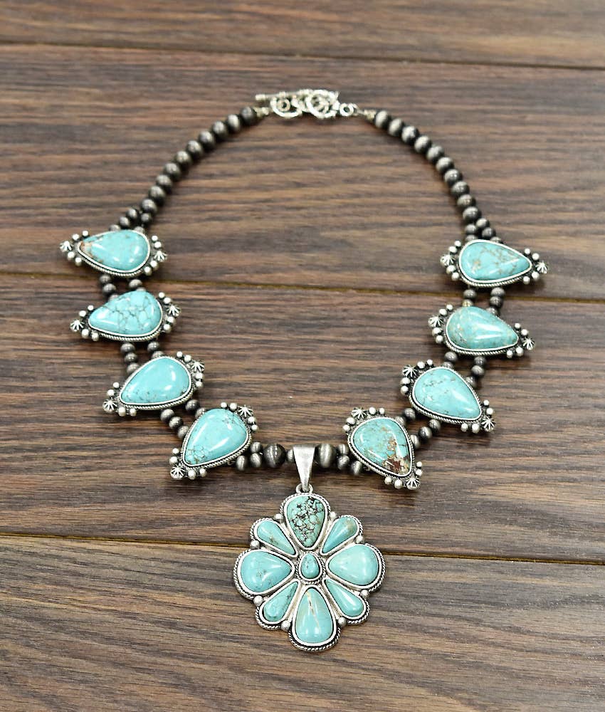 733509, Handmade Squash Blossom Turquoise Necklace