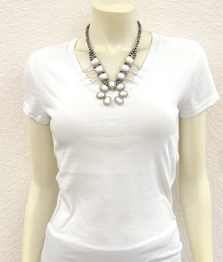 738282, Handmade Squash Blossom White Turquoise Necklace