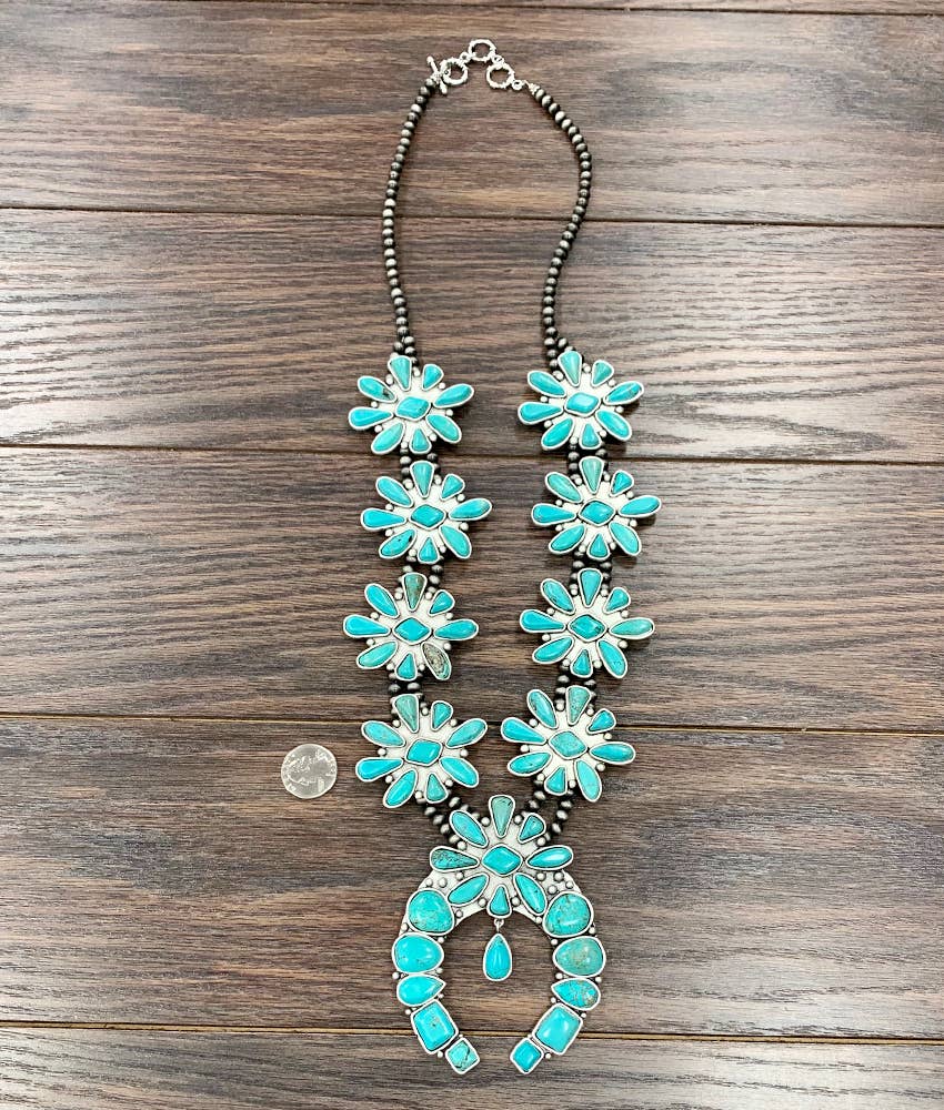734829, Handmade Squash Blossom Turquoise Necklace